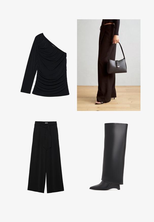 Haut noir à manches longues avec un design asymétrique, fronces texturées sur le devant et une finition en tissu lisse.; Pantalons larges noirs en tissu texturé, avec une taille élastique et une ceinture à nouer amovible à la taille pour un ajustement variable.; Botte noire haute jusqu'aux genoux en cuir lisse, avec un bout pointu et un talon triangulaire. Conçue avec une tige lisse et élégante.; Sac à main noir à la forme structurée, texture lisse et fermoir métallique. Associé à un pantalon noir ample et des sandales ouvertes sur un sol en bois.
