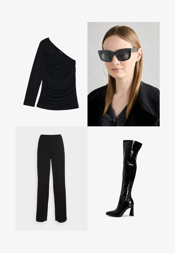 Sort langærmet top med en skulderdesign, tekstureret ruching på fronten og en glat stoffinish.; Sorte bukser med lige ben, glat tekstur og en tætsiddende talje. Har forlommer og minimal syning detaljer.; Sorte over-knee støvler lavet af skinnende patentlæder, med et elegant design, spids tå og blokhæl.; Sorte katteøje solbriller med mørke linser, tykke rammer og subtile detaljer. Båret med en sort frakke og en grå bluse, med langt, glat hår.