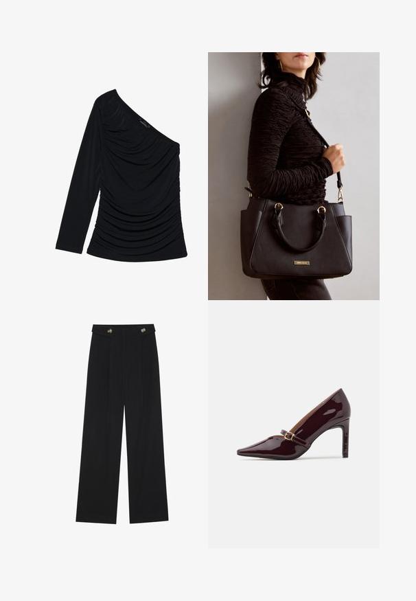 Top negru cu mânecă lungă, cu un design pe un umăr, cu pliere texturată pe față și o finisare dintr-un material neted.; Pantaloni negri cu picioare largi, talie înaltă, detalii cu butoane pe talie și pliseuri în față.; Pantofii cu toc înalt de culoare burgundă, cu vârful ascuțit și curea la gleznă, având accesorii din aur, și un finisaj elegant și lucios. Toc stiletto înălțat.; Geantă de umăr neagră cu suprafață texturată, cu două mânere superioare și curea de umăr ajustabilă. Dispune de accesorii metalice de culoare aurie și buzunare laterale.