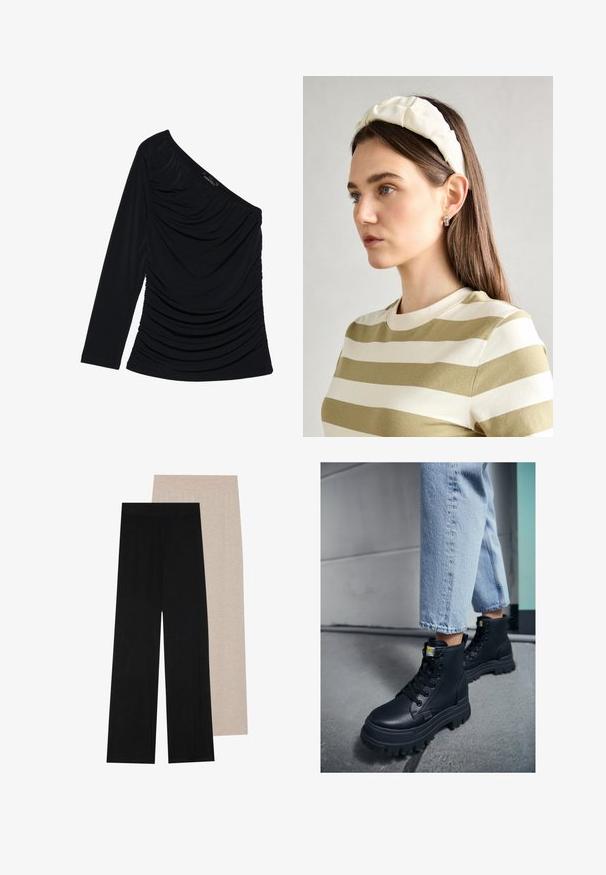 Top negro de manga larga con diseño de un solo hombro, fruncido texturizado en el frente y acabado de tela suave.; Pantalones de pierna ancha en negro y beige con cintura elástica; tejido suave y liviano; textura lisa; detalles de costura mínimos.; Botas negras de caña alta con acabado en cuero texturizado, suela de goma gruesa y cordones negros, combinadas con jeans de mezclilla azul claros y con dobladillo.; Diadema acolchada crema con diseño trenzado, acompañada de una camiseta de rayas beige y blanca con cuello redondo. Sutiles acentos de joyería.