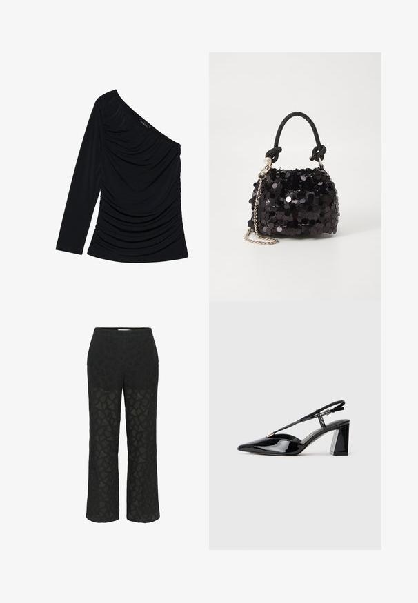 Sort langærmet top med en skulderdesign, tekstureret ruching på fronten og en glat stoffinish.; Sorte blondebukser med et mønsterdesign, vidde ben og en blød talje, samt gennemsigtige sektioner for ekstra tekstur.; Sorte laklæder slingback højhælede sko med spids tå, justerbar rem og chunky rektangulær hæl.; Sort pailette mini håndtaske med en knyttet struktureret rem og sølv kæde. Rund form med samlet top og reflekterende detaljer.