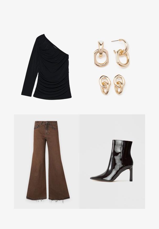 Musträd kodudega must pikkade varrukatega peep-ülikond, millel on ühte õlavarre disain, esiosal tekstureeritud rüütamine ja sile kangas.; Pruunid flared teksad, millel on toorserv, viie tasku ja metallist detailid. Kangas näeb välja veidi kulunud, mis muudab tekstuuri ja detailid rikkamaks.; Mustast lakknahast pahkluu saabas terava nina ja sujuva siluetiga. Sisaldab stiletto kontsa ja siledat tekstuuri.; Kuldsete toonidega kõrvarõngad, millel on geomeetriliste kujundite segu: ruut, ring ja ühendatud ovaalsed kujundid, millel on poleeritud viimistlus.