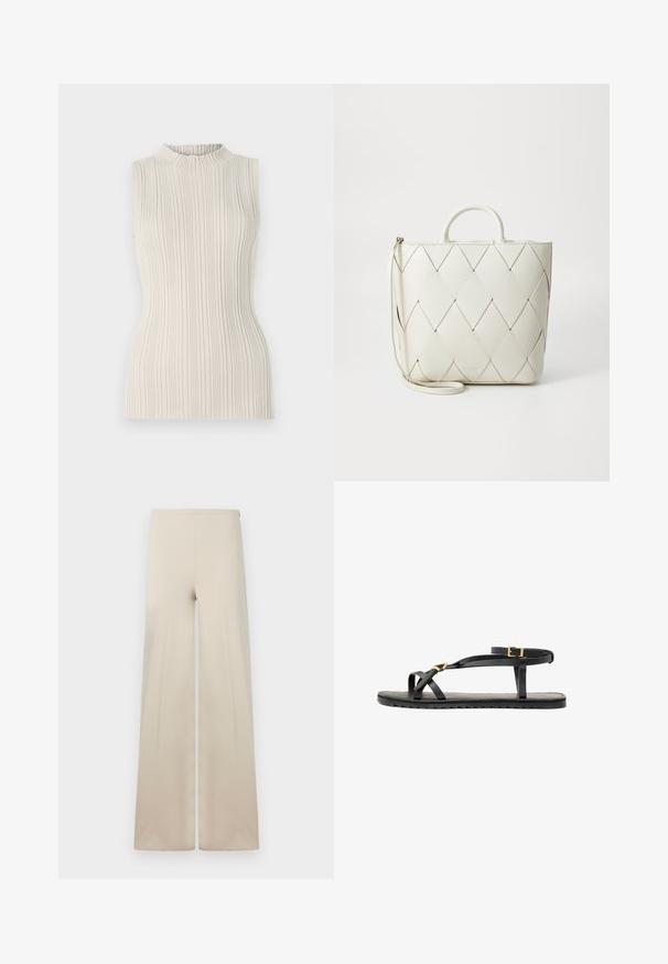 Top sans manches en beige clair, doté d'une texture côtelée et d'un col haut froncé. La silhouette cintrée met en valeur la forme.; Pantalons amples beiges en tissu doux avec une texture lisse. Dotés d'une taille élastique haute pour le confort et d'un design épuré et minimaliste.; Sandales en cuir noir avec de fines lanières et une sangle autour de la cheville à boucle. Semelle plate avec une finition texturée et un bord en zigzag. Design minimaliste.; Sac en cuir blanc avec un motif de diamants matelassés, des poignées supérieures robustes et une bandoulière amovible pour des options de transport polyvalentes.