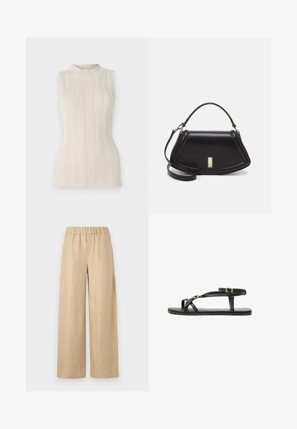 Ärmelloses Oberteil in hellem Beige mit geripptem Stoff und einem hohen, gerafften Kragen. Die taillierte Silhouette betont die Form.; Beigeweite Hose aus leichtem Stoff. Mit elastischem Bund und glatter Textur, ohne sichtbare Hardware oder Muster.; Schwarze Ledersandalen mit dünnen Riemen und einem geschnallten Knöchelriemen. Flache Sohle mit texturiertem Finish und Zickzackkante. Minimalistisches Design.; Schwarze Lederhandtasche mit einem strukturierten Design, das eine verkürzte Form, einen oberen Griff und goldfarbene Hardware-Details aufweist. Verstellbarer Schulterriemen ist enthalten.