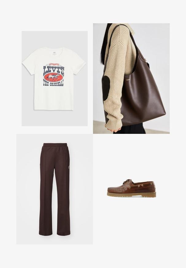 Witte katoenen t-shirt met een grote rood en marineblauwe grafische print van een paard en de tekst "LEVI'S THE ORIGINAL" in vette letters.; Bruine sportieve broek met een elastische tailleband, twee zijzakken en een klein logo aan de linkerzijde, gemaakt van een zachte stof.; Bruine leren bootschoen met een lage snit, vetersluiting, metalen oogjes en een gestructureerde rubberen zool, met stiksels aan de voorkant.; Bruine leren tote bag met een ruime indeling. Kenmerkt zich door een gladde textuur en een subtiele gouden logo. Gekoeld met een crèmekleurige gebreide trui.