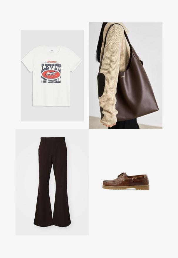 Weißes Baumwoll-T-Shirt mit einem großen roten und marineblauen Grafikdruck, der ein Pferd und den Text "LEVI'S THE ORIGINAL" in fetten Buchstaben zeigt.; Braune, aus einem glatten Stoff gefertigte, ausgestellte Hose mit einem Bund mit Gürtelschlaufen, Seitentaschen und weitem Beinabschluss.; Braune Lederbootsschuhe mit einem niedrigen Schnitt, Schnürdesign, Metallösen und einer strukturierten Gummisohle, die entlang der Vorderseite genäht ist.; Braune Leder-Umhängetasche mit geräumigem Design. Verfügt über eine glatte Textur und ein dezentes Goldenes Logo. Kombiniert mit einem cremefarbenen Strickpullover.