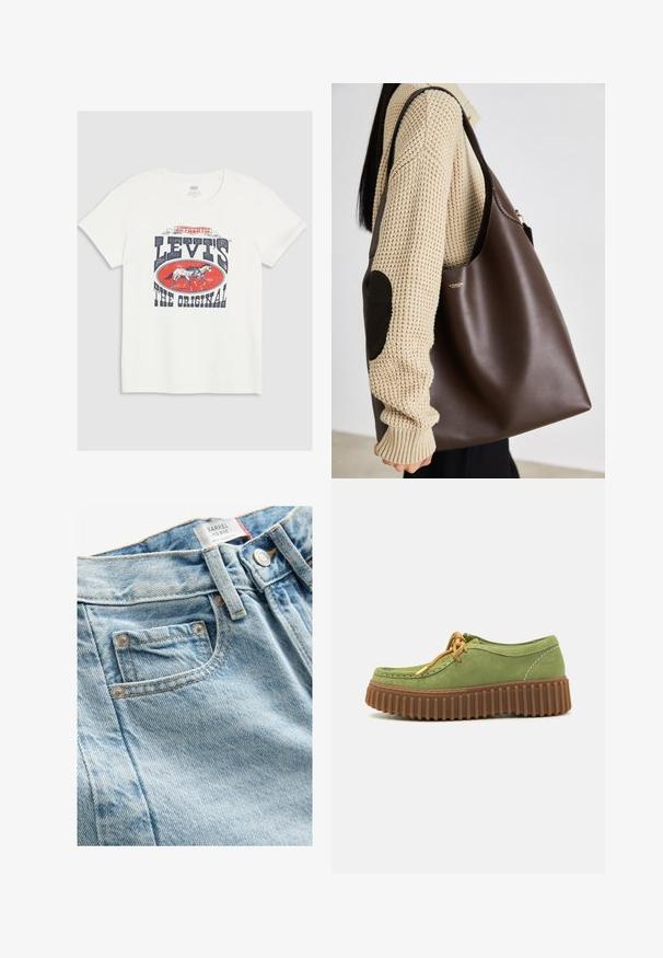 T-shirt bianca in cotone con una grande stampa grafica rossa e navy che presenta un cavallo e il testo "LEVI'S THE ORIGINAL" in lettere bold.; Jeans in denim blu chiaro a vita media con finitura testurizzata, dotati di una piccola tasca frontale e chiusura a bottone metallico. Cuciture distintive visibili.; Scarpa in camoscio verde con punta rotonda, suola marrone a coste e lacci arancioni. Presenta cuciture a contrasto lungo i bordi.; Borsa tote in pelle marrone con un design spazioso. Presenta una texture liscia e un logo dorato discreto. Abbinata a un maglione lavorato a maglia color crema.