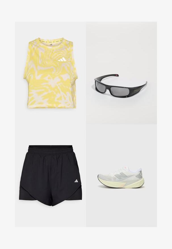 Gelbes ärmelloses Croptop mit abstraktem weißen Muster, rundem Ausschnitt und subtiler Logodarstellung in Weiß auf der Vorderseite. Weiche Stofftextur.; Schwarze Sportshorts mit gestuftem Design, aus leichtem Material gefertigt. Verfügt über einen elastischen Bund und ein kleines weißes Logo an der Seite.; Leichter Laufschuh mit einem grauen und weißen Mesh-Obermaterial, einem auffälligen 'N'-Logo und einer gelben Mittelsohle mit schrägen Akzenten. Schwarze Außensohle.; Schwarze Oakley-Sonnenbrille im Wraparound-Stil mit dunklen rechteckigen Gläsern und gebogenen Bügeln auf einem schlichten weißen Hintergrund.