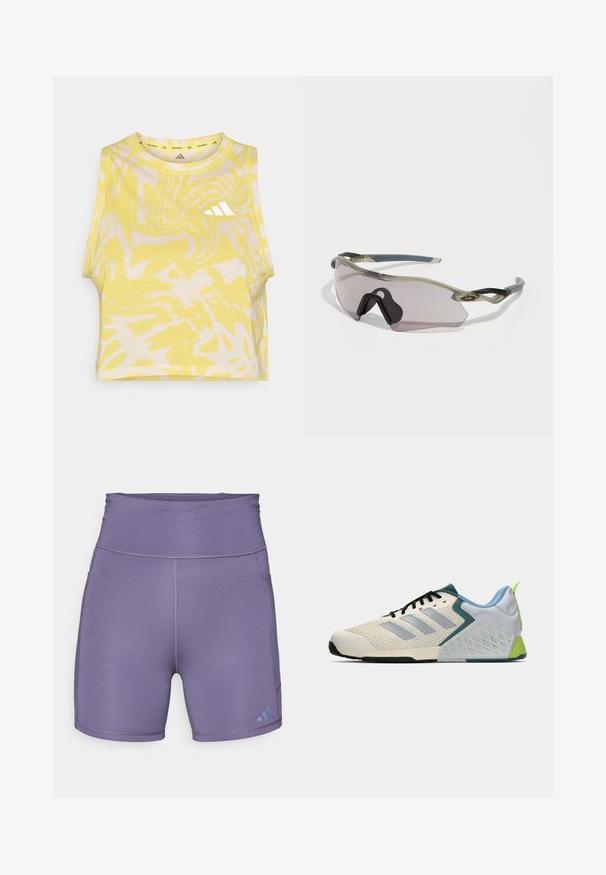Yellow sleeveless crop top with abstract white pattern, round neckline, and subtle logo detail in white on the front. Soft fabric texture.; Purple athletic shorts with a high waistband, smooth texture, and contrasting blue logo on the lower left. Features flatlock seams.; Lightweight athletic shoes featuring a cream mesh upper, grey stripes, a green accent, and a textured blue heel counter. Black laces.; Sunglasses with a translucent gray frame, tinted lenses, and angular design. Features a distinctive nose piece and textured dark gray temple arms.
