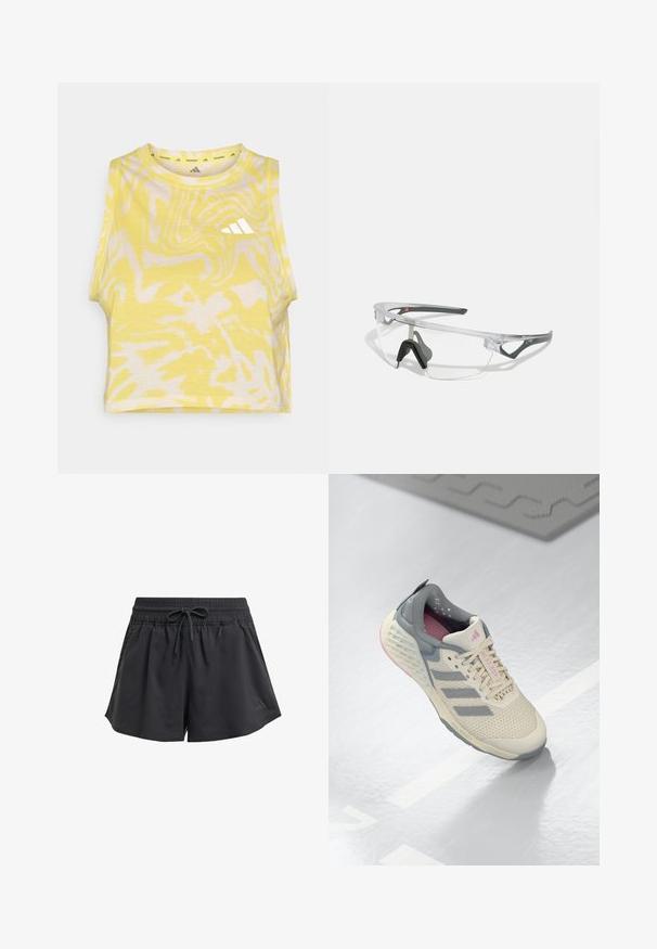 Žlutý bezrukávový crop top s abstraktním bílým vzorem, kulatým výstřihem a jemným detailem loga v bílé barvě na přední straně. Měkká textilie.; Černé sportovní šortky s elastickým pasem, vnitřní šňůrkou a bočními rozparky. Vyrobeny z hladké, lehké tkaniny.; Béžová sportovní obuv se šedými akcenty, síťovanou svrchní částí a strukturovanou podrážkou. Má tři šedé pruhy a růžové vnitřní detaily.; Průhledné ochranné brýle s lehkým, transparentním rámem a šedými akcenty. Mají design přes hlavu a nastavitelný nosník.