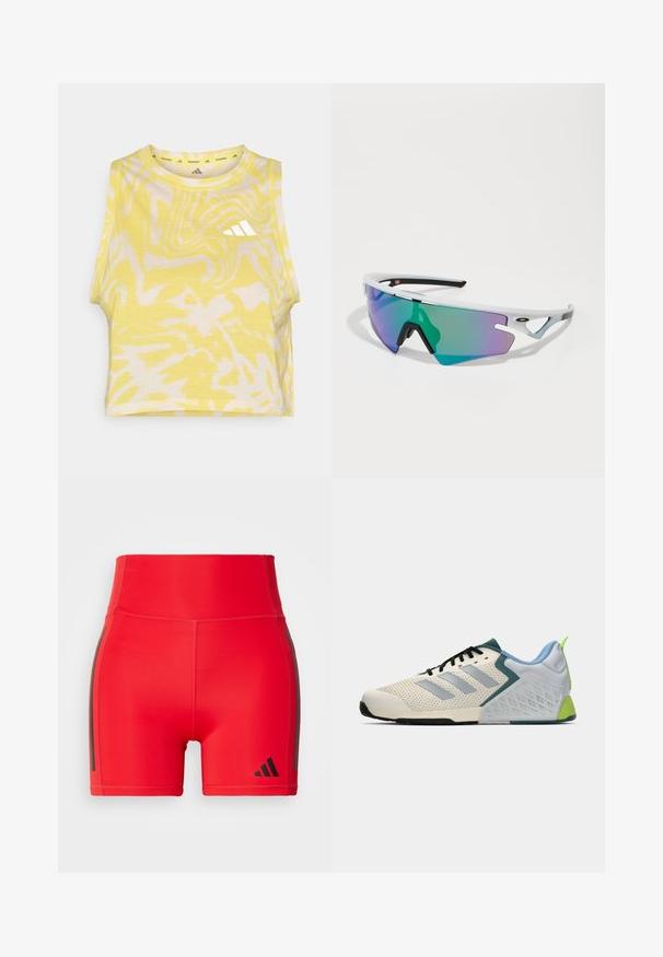 Gelbes ärmelloses Croptop mit abstraktem weißen Muster, rundem Ausschnitt und subtiler Logodarstellung in Weiß auf der Vorderseite. Weiche Stofftextur.; Rote Sportshorts mit hohem Bund, aus dehnbarem Material, mit schwarzen Seitenstreifen und einem eingeprägten Logo in der unteren Ecke.; Leichte Sportschuhe mit einem cremefarbenen Mesh-Obermaterial, grauen Streifen, einer grünen Akzentfarbe und einer strukturierten blauen Fersenkappe. Schwarze Schnürsenkel.; Sportsonnenbrille mit einem weißen Rahmen, großen grünen und lila Farbverlaufs-Linsen, eckigem Design und schwarzen Akzenten an den Bügeln und der Nasenauflage.
