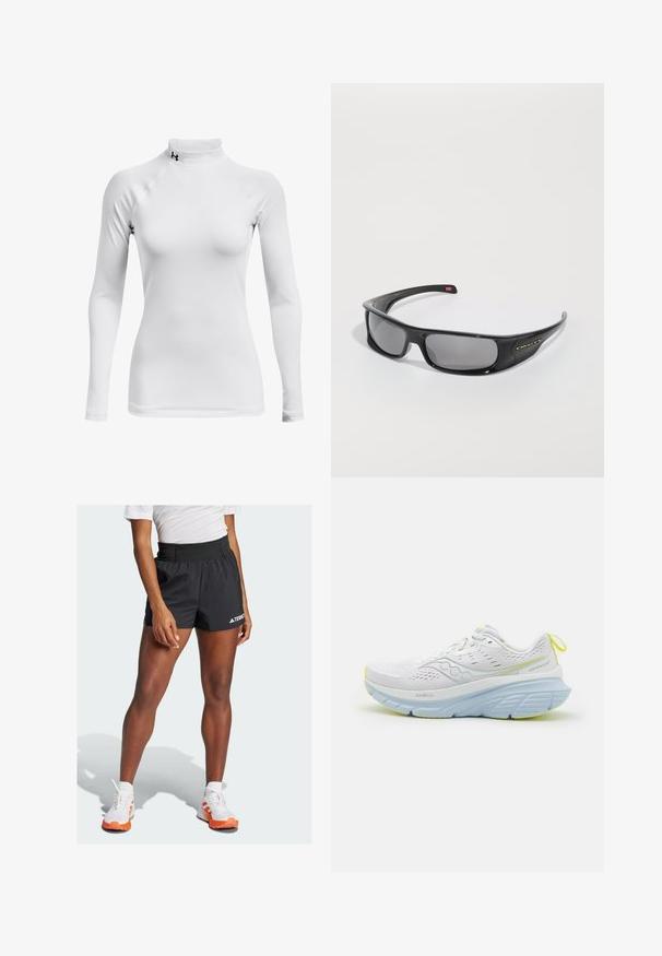 Wit sportshirt met lange mouwen en een hoge hals, gemaakt van soepel, rekbaar materiaal; heeft raglanmouwen en een klein zwart logo.; Zwarte sportshorts met een brede tailleband, waarop de tekst "TERREX" en een Adidas-logo is weergegeven. Gecombineerd met witte schoenen met oranje accenten.; Witte hardloopschoen met een bovenwerk van mesh, voorzien van lichtblauwe accenten en een dikke zool. Opvallende gele details op de zool en de hielhengsels.; Zwarte Oakley wraparound zonnebril met donkere rechthoekige glazen en gebogen armen op een eenvoudige witte achtergrond.