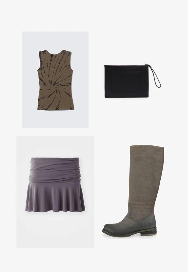Haut sans manches brun avec un motif tie-dye présentant des tourbillons noirs. Fait en tissu doux, il a un col rond et une coupe ajustée.; Jupe grise, à mi-mollet, en tissu doux avec une taille froncée et un ourlet évasé. Elle présente une texture lisse et un design simple.; Botte en suède grise à hauteur de genou avec un bout arrondi, une cheville renforcée et un petit talon empilé. Présente des accents en cuir lisse contrastants.; Pochette noire en tissu texturé de forme rectangulaire, dotée d'une fermeture zippée et d'une bandoulière. Comprend une poche frontale.