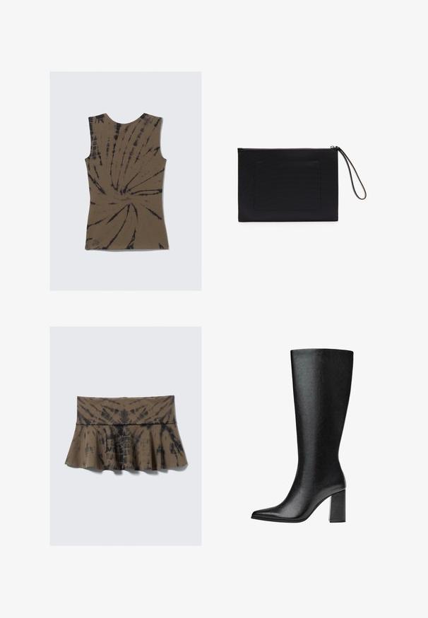 Brun ärmlös topp med ett tie-dye mönster som har svarta virvlar. Tillverkad av mjukt tyg, har den rund halslinning och en figurnära passform.; Brun batikflared kjol med en åtsittande midja, försedd med svarta detaljer i ett virvlande mönster. Tillverkad av mjukt och elastiskt material.; Svart knähög stövel i faux läder med spetsig tå, slät yta och kraftig blockklack. Minimalistisk design utan synliga detaljer.; Svart clutch-väska tillverkad av texturerad tyg med rektangulär form, med dragkedjestängning och handledsrem. Inkluderar en framficka.