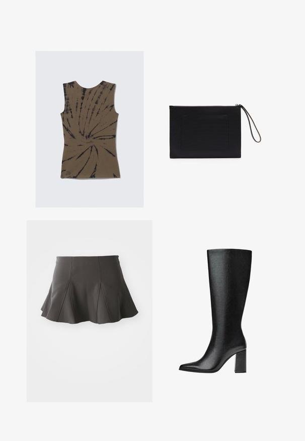 Hnedý bezrukávový top s batikovým vzorom, ktorý obsahuje čierne víry. Vyrobený z mäkkej látky, má okrúhly výstrih a priliehavý strih.; Čierna rozšírená sukňa s priliehavým pásom, zdobená vertikálnymi švami a hladkou textúrou. Spodný lem je jemne zakrivený a končí nad stredom stehna.; Čierne vysoké čižmy po kolená vyrobené z umelej kože, s špicatou špičkou, hladkým povrchom a robustným blokovým podpätkom. Minimalistický design bez viditeľných akcentov.; Čierna kabelka na zápästie vyrobená z textúrovanej tkaniny s obdĺžnikovým tvarom, vybavená zipsom a popruhom na zápästie. Obsahuje predné vrecko.