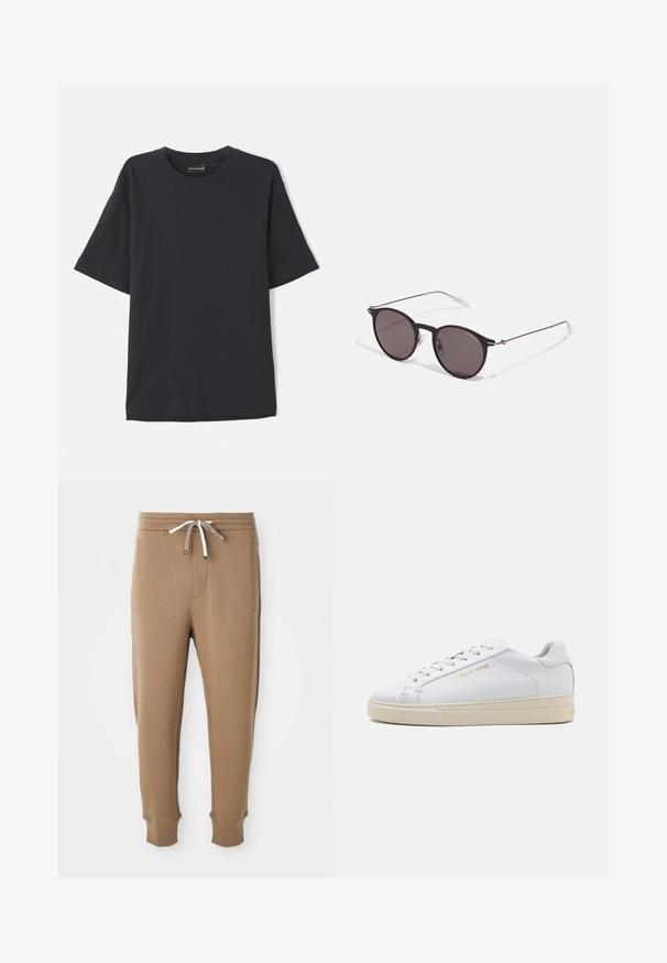 Tricou scurt cu mânecă, de culoare albastru marin, cu guler rotund, având un logo subtil în colțul din dreapta jos. Textură moale, croială lejeră.; Pantaloni jogger de culoare maro deschis cu talie elastică, sireturi albe și maro, buzunare laterale și terminații mansetate pe fundal alb.; Sneaker alb din piele cu vârful rotund, șireturi plate și talpă din cauciuc crem. Prezintă un branding subtil în aur și o textură netedă.; Ochelari de soare negri rotunzi cu lentile întunecate și brațe metalice subțiri. Include vârfuri transparente pentru brate și accente argintii la balama. Design minimalist.