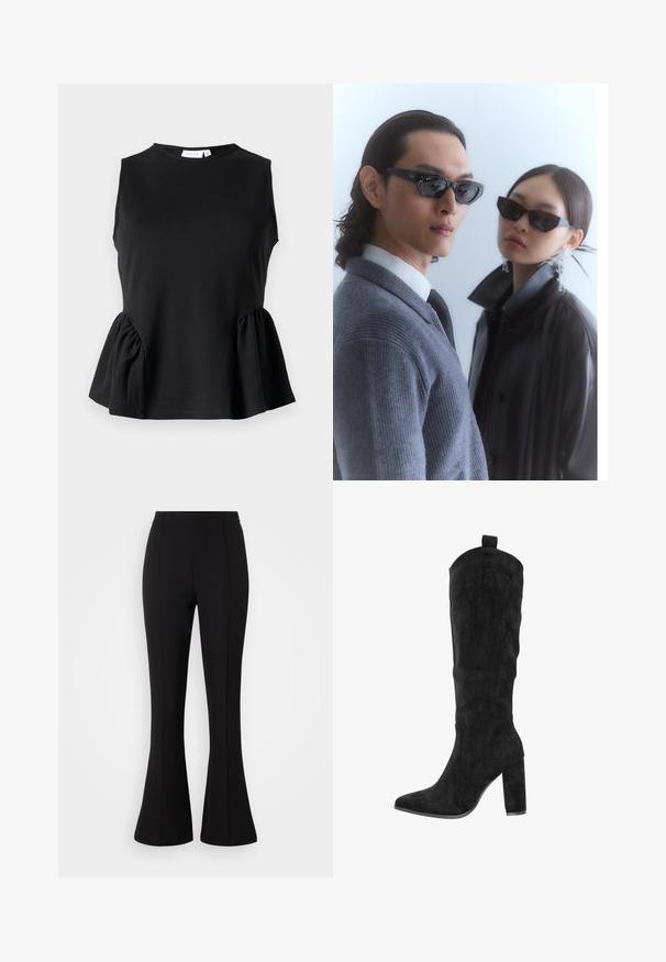 Haut sans manches noir avec un décolleté rond et un détail de peplum froncé sur le côté, fabriqué en tissu lisse et extensible. Design simple et épuré.; Pantalons évasés noirs fabriqués en tissu extensible, avec une texture lisse, taille haute et des coutures décoratives à l'avant.; Bottes montantes noires en daim avec un embout pointu et un talon carré, arborant une silhouette structurée et une languette de tirage en haut. Texture lisse.; Lunettes de soleil avec une monture noire angulaire sur un mannequin portant un pull gris, mettant en valeur un tricot texturé et une veste en cuir noir portée par un autre mannequin.; Grand sac fourre-tout en toile beige avec des poignées en cuir marron, présentant un design minimal et des accents de couture visibles.