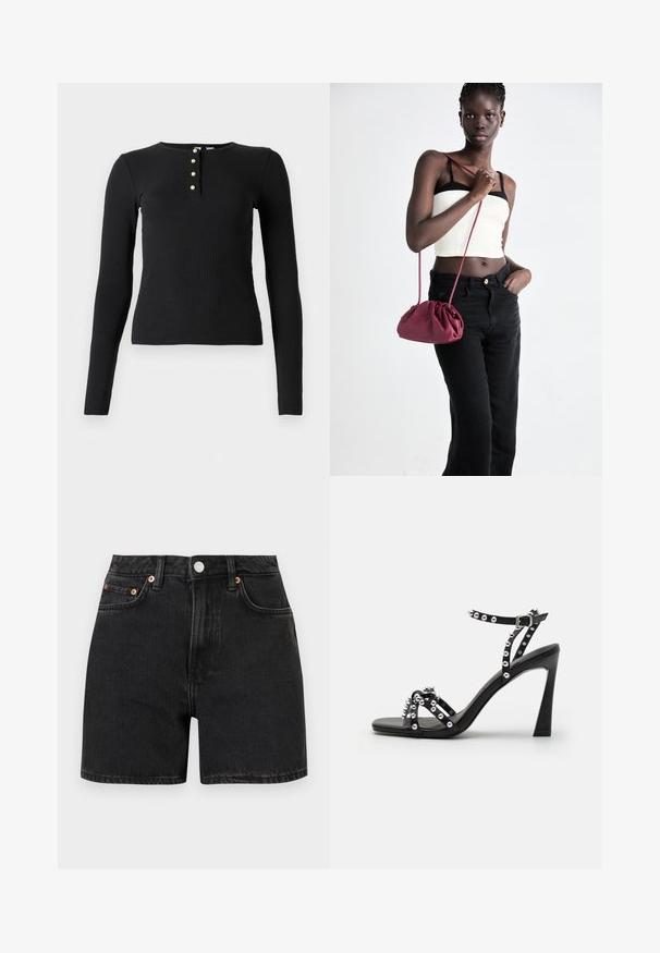 Svart langermet ribbestrikket topp med rund hals og fem knapplukking med små, lyseknappene. Myk tekstur, kroppsnær passform.; Svart denimshorts med høy midje, med kobberknapp-dekorer og fem-lomme design. Glatt tekstur, rett snitt og oppbrettede kanter.; Svart høyhælte sandaler med bred stropp, naglede detaljer og et elegant design; har spenne-lukking og en glatt finish.; Burgunderfarget myk stoffhåndveske med en samlet design og en lang stropp, båret som en crossover. Modellen har på seg en hvit crop-top og svarte jeans.