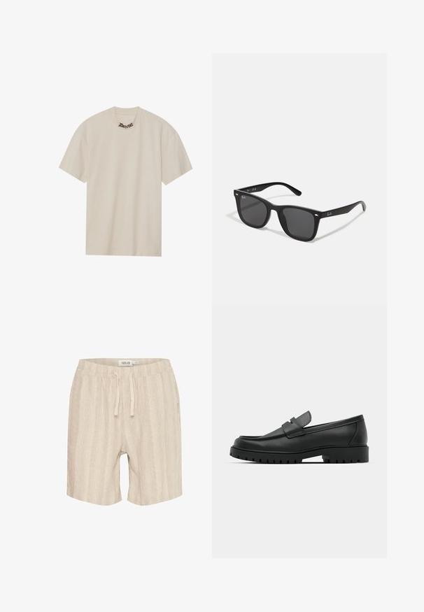 Beige tričko s krátkým rukávem vyrobené z měkké bavlny, s kulatým výstřihem a nápisem "Detroit" vytištěným černým písmem blízko límce.; Bežové bavlněné šortky s vertikálními proužky, elastickým pasem, šňůrkou na stažení a bočními kapsami. Měkká textura a ležérní design.; Černé kožené mokasíny s kulatou špičkou, zdobené prošitím, s nízkou platformou a texturovanou gumovou podrážkou s drážkováním.; Černé plastové sluneční brýle s tmavými skly. Čtvercový rám s kovovými akcenty a logem na vnější straně stranic.