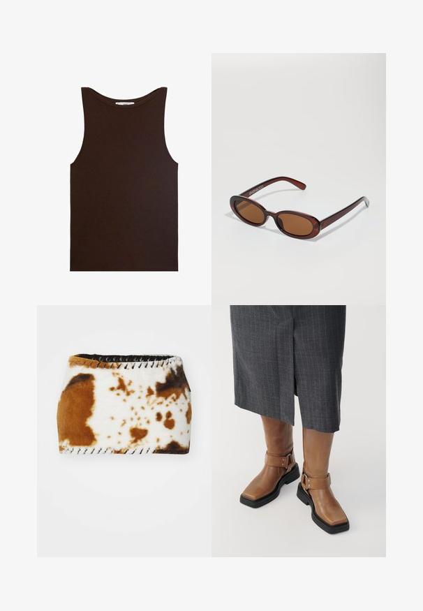 Smeđi bezrukavi majica od rebraste tkanine. Ima zaobljeni izrez i ravni završetak, bez vidljivih logotipa ili uzoraka.; Tkanina s uzorkom na smeđim i bijelim kravljim kožama sa mekim teksturom, završena crnim čipkastim detaljima duž rubova.; Smeđe kožne čizme do koljena s kvadratnim vrhom, crnim gumenim potplatom i detaljima s podesivom kopčom. U kombinaciji s sivoj suknji s prugama.; Okvir okruglih, smeđkastih sunčanih naočala s sjajnim burgundskim okvirom. Uski nositelji s suptilnim brendiranjem. Ravna leća.; Bež suđena torba sa zaobljenim oblikom, sa tri nabrane džepa na prednjoj strani i jednim podesivim remenom.