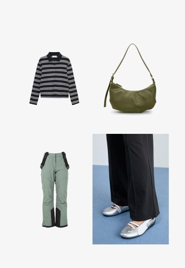 Langærmet polo t-shirt i marineblå med hvide striber. Har en krave og en tre-knaps stolpe. Blødt, tekstureret stof.; Grønne skibukser med justerbare sorte seler, forstærkede sorte detaljer ved anklerne og en let tilspidset form for komfort.; Sølv- og hvide flade sko med krydsede stropper og tekstureret detaljering, suppleret med løse sorte bukser. Sat mod en blå gulv.; Olivengrøn læder skuldertaske med en buet form, lynlåslukning og justerbar rem. Glat tekstur med minimale hardware detaljer.