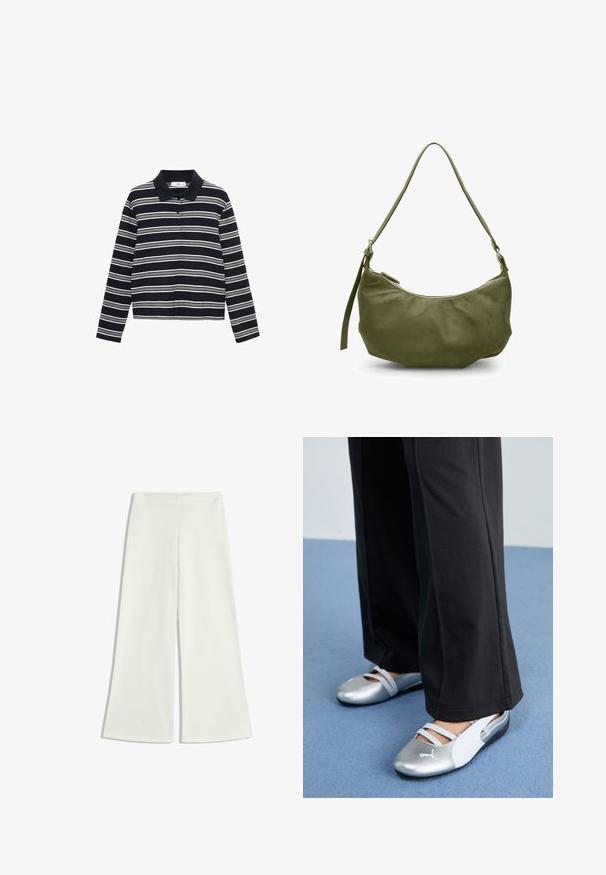 Polo tričko s dlhým rukávom v námorníckej modrej farbe s bielymi pruhmi. Má golier a zapínanie na tri gombíky. Mäkkučká, textúrovaná látka.; Biele nohavice so širokými nohavicami vyrobené z hladkej tkaniny. Majú vysoký pás a žiadne viditeľné švy, čo vytvára čistý siluet.; Strieborné a biele ploché topánky s krížovými remienkami a textúrovanými detailmi, doplnené voľnými čiernymi nohavicami. Umiestnené na modrej podlahe.; Olivovo zelená kožená taška cez rameno so zakriveným tvarom, zipsovým uzáverom a nastaviteľným popruhom. Hladká textúra s minimálnymi kovovými akcentmi.