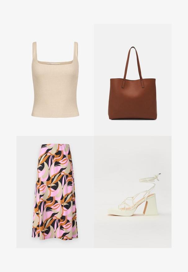 Beige bordázott top négyzet alakú nyakkivágással és vékony vállpántokkal, testhez simuló fazonnal és puha anyaggal. Márkajelzés látható.; Mintázott szoknya, amelyen rózsaszín, bézs, barna és fekete örvények láthatók. Simább anyagból készült, lágy esésű dizájnja van, és térd alatt végződik.; Fehér, magassarkú szandál vastag sarokkal, pántos dizájnnal és bokapánttal. Sima textúra, elülső platformmal a megnövelt magasság érdekében.; Barna bőr vászontáska sima textúrával, nyitott tetejű dizájnnal és két vállpánttal. Minimális varrással és látható hardver nélkül készült.