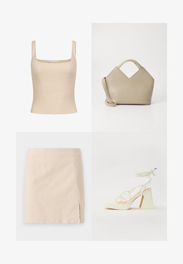 Beige žebrovaný top bez rukávů se čtvercovým výstřihem a tenkými ramínky, s přiléhavým střihem a měkkou texturou. Viditelné označení značky.; Béžová kordová mini sukně s vertikálním ribbovaným vzorem, která má boční rozparek pro zvýraznění detailu. Lem je rovný a rovnoměrně prošitý.; Bílé sandály na vysokém podpatku s robustním podpatkem, s designem s pásky a zavazováním kolem kotníku. Hladký povrch s platformou vpředu pro zvýšení výšky.; Béžová strukturovaná kabelka s V-tvarovaným vrchem, hladkou koženou strukturou, krátkými rukojetmi a dlouhým nastavitelným popruhem. Minimalistický design.