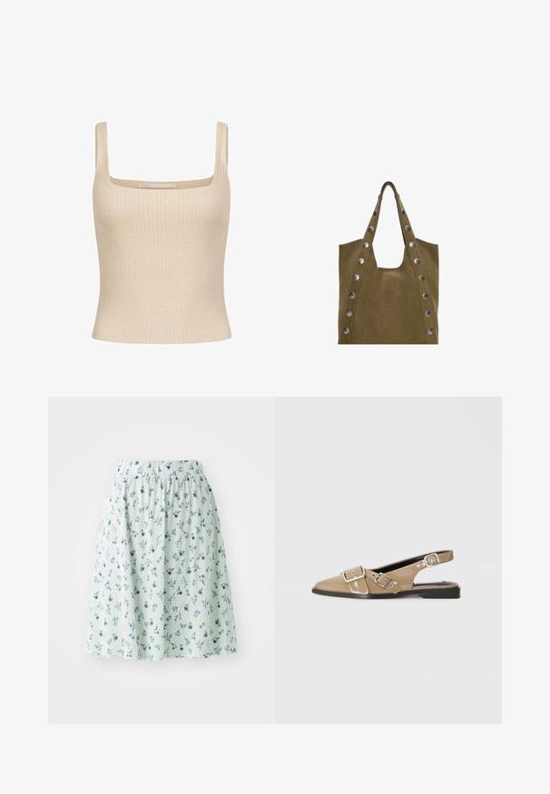 Beige bordázott top négyzet alakú nyakkivágással és vékony vállpántokkal, testhez simuló fazonnal és puha anyaggal. Márkajelzés látható.; Virágmintás szoknya rugalmas derékrésszel, könnyű anyagból készült. A bázis menta zöld, apró kék és fehér virágmintákkal díszítve.; Beige színű, fényes anyagú slingback cipők, hegyes orral, két állítható csattal és alacsony fekete sarokkal. Simára polírozott felület.; Khaki színű velúr tote táska, két felső füllel, nagy ezüst szegecsekkel az oldalán, és egy nagy nyitott tetejével a könnyű hozzáférés érdekében.
