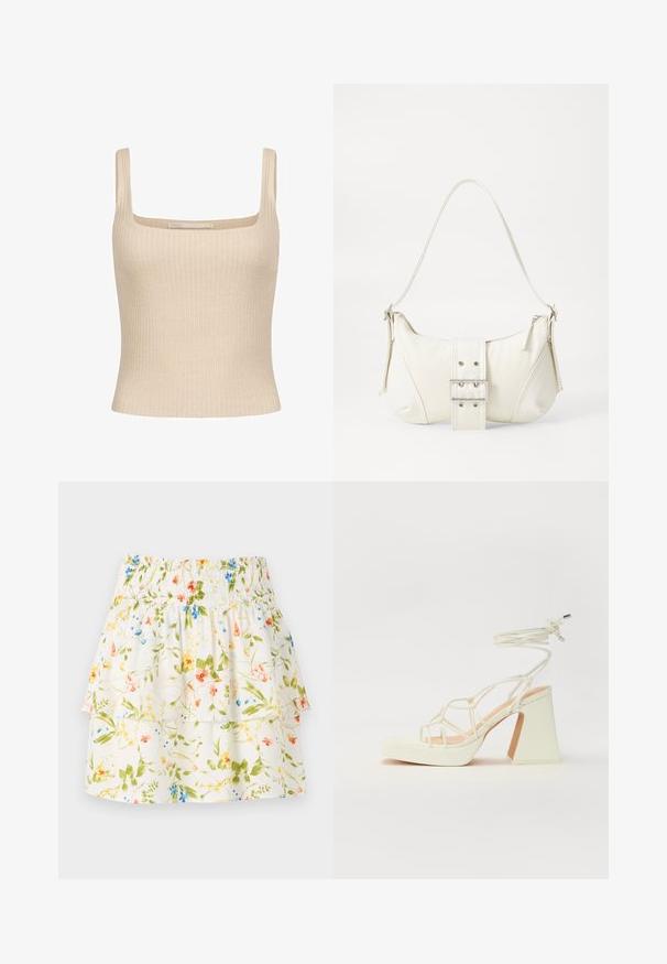 Bežový rebrovaný top bez rukávov so štvorcovým výstrihom a tenkými ramienkami, ktorý má priliehavý strih a jemnú textúru. Viditeľná značka.; Sukňa s kvetinovým vzorom a smockovaným pásom, s volánikmi a bielym pozadím, na ktorom sú zelené, červené a modré kvety.; Biele sandále na vysokom opätku s hrubým podpätkom, s pruhovaným dizajnom a viazaním na členku. Hladký povrch s platformou vpredu pre zvýšenú výšku.; Biela taška cez rameno s textúrovaným povrchom, centrálnou prackou a zakriveným tvarom. Zipsy na oboch stranách.