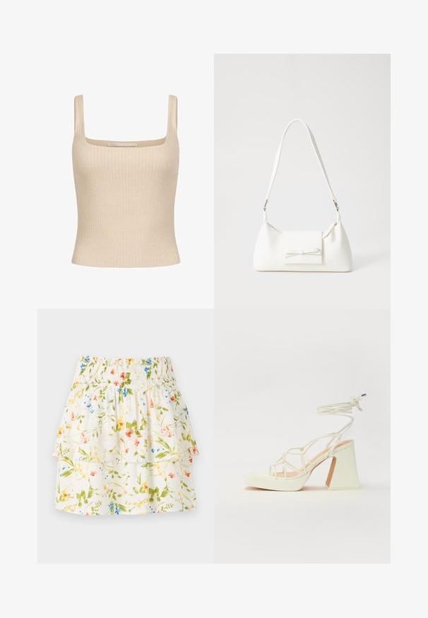 Beige žebrovaný top bez rukávů se čtvercovým výstřihem a tenkými ramínky, s přiléhavým střihem a měkkou texturou. Viditelné označení značky.; Sukně s květinovým vzorem, se smyčkovým pasem, volánovými vrstvami a bílým pozadím s zelenými, červenými a modrými květinami.; Bílé sandály na vysokém podpatku s robustním podpatkem, s designem s pásky a zavazováním kolem kotníku. Hladký povrch s platformou vpředu pro zvýšení výšky.; Bílá syntetická kabelka v trojúhelníkovém tvaru, s plochým předním klopným víkem a detailem mašle, nastavitelným popruhem, hladkým povrchem a minimalistickým designem.