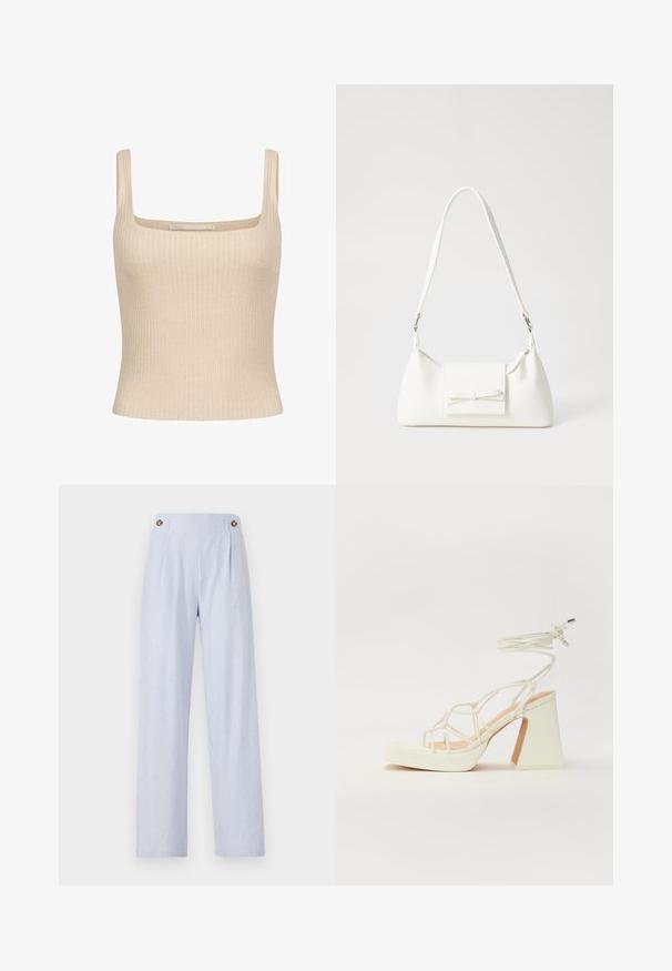 Débardeur beige à rayures avec un décolleté carré et des bretelles fines, présentant un design ajusté et une texture douce. Étiquette de marque visible.; Pantalon rayé bleu clair avec une coupe évasée, comportant deux boutons proéminents à la taille et une texture de tissu douce.; Sandale blanche à talons hauts avec un talon épais, présentant un design à lanières et un lien autour de la cheville. Texture lisse avec une plateforme à l'avant pour une hauteur supplémentaire.; Sac à main synthétique blanc en forme triangulaire, avec un rabat avant plat et un détail en nœud, une bandoulière ajustable, une texture lisse et un design minimaliste.