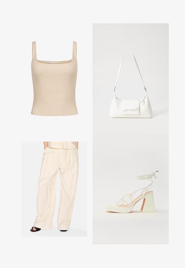 Bež prugasti top s kvadratnim izrezom i tankim naramenicama, koji ima prilagođeni dizajn i meku teksturu. Vidljiva oznaka brenda.; Hlače širokih nogavica od svijetlo bež tkanine s mekanom teksturom, s plisama i podesivim pojasom na vezanje. Minimalistički dizajn.; Bijela sandala na visokoj potpetici s debelim petom, s remenom i vezanjem oko gležnja. Glatka tekstura s platformom sprijeda za dodatnu visinu.; Bijela sintetička torbica s trokutastim oblikom, ravnim prednjim poklopcem i detaljem u obliku mašne, podesivom remenom, glatkom teksturom i minimalističkim dizajnom.