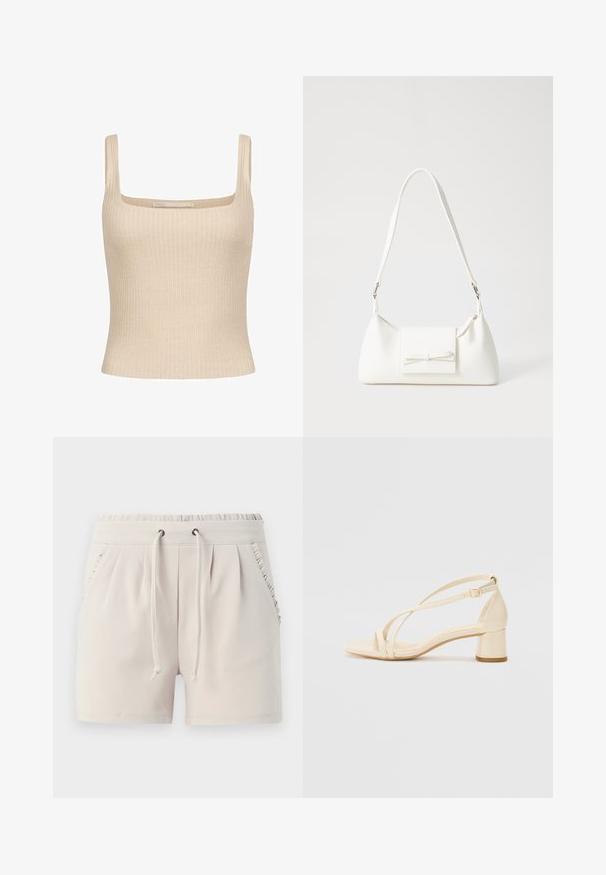Beige bordázott top négyzet alakú nyakkivágással és vékony vállpántokkal, testhez simuló fazonnal és puha anyaggal. Márkajelzés látható.; Világos bézs színű, rugalmas derekú rövidnadrág, zsinórral, oldalsó zsebekkel és fodros részletekkel a zsebek szélén. Lágy anyagú textúra.; Krémszínű, blokk sarkú szandálok, pántos kialakítással és állítható bokapánttal, sima szintetikus anyagból, matt felülettel.; Fehér szintetikus kézitáska, háromszög alakú, lapos előlap, masni részlettel, állítható pánttal, sima textúrával és minimalista dizájnnal.