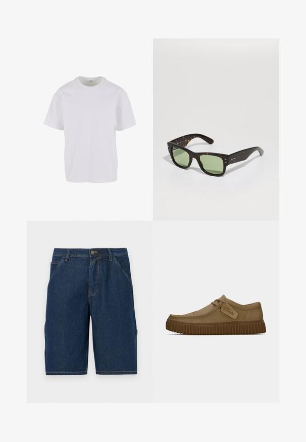 Valgest lühikese varrukaga T-särgist, mis on valmistatud pehmest puuvillast, ümar kaelus ja lõdvestatud istuvus sirge äärisega. Muster või aktsente pole nähtaval.; Tumedatest sinistest denimist lühikesed püksid sirge lõikega, millel on kaks esipocketit, vihmavari ja küljetasku klapiga.; Kerged pruunist nahksoost kingad, millel on ümar varvas, õmblustega detailid ja soonikkoes pruun kummitald. Omab külje peal sildi, millel on "Clarks" logo.; Pruun kilpkonna-silm shades roheliste läätsedega, ruudukujuline vorm ja metallaktsentidega. Vasakul templil on logo. Matte viimistlus.