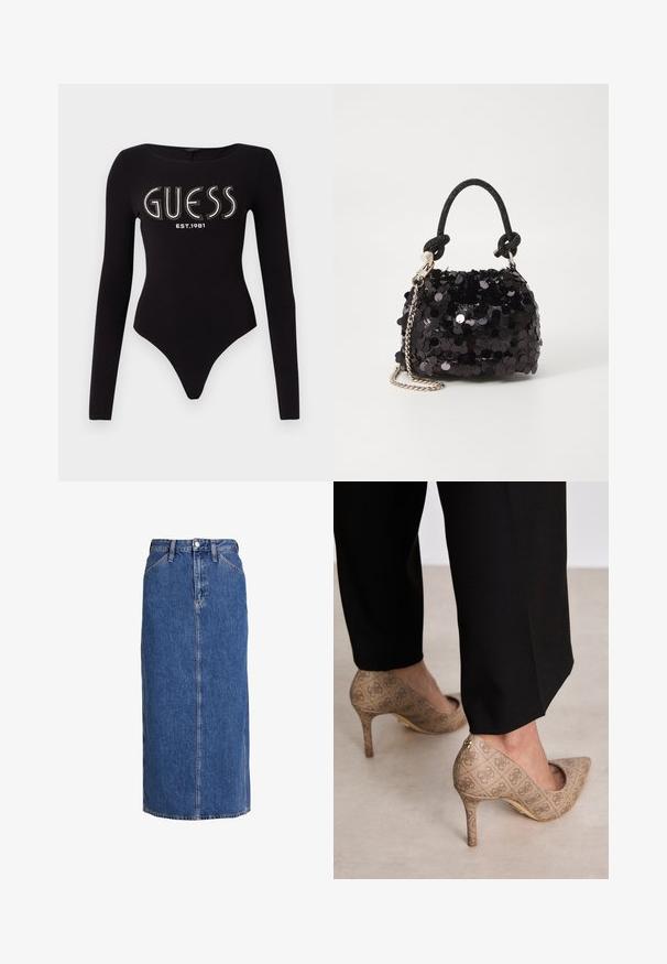 Fekete, hosszú ujjú body, lekerekített nyakkivágással, "GUESS" strasszokkal és "EST.1981" fehér színben, nyújtható anyagból készült.; Félhosszú, középkék farmer szoknya egyenes szabással, elöl gombos záródással, két oldalsó zsebbel és látható varrással a textúráért.; Beige magassarkú cipők texturált anyagból, ismétlődő mintával. Hegyes orrú kialakítás, hátsó díszítéssel és arany sarkú részlettel.; Fekete flitteres mini kézitáska csomózott textúrájú pánttal és ezüst lánccal. Lekerekített forma, ráncolt tetejével és fényvisszaverő részletekkel.