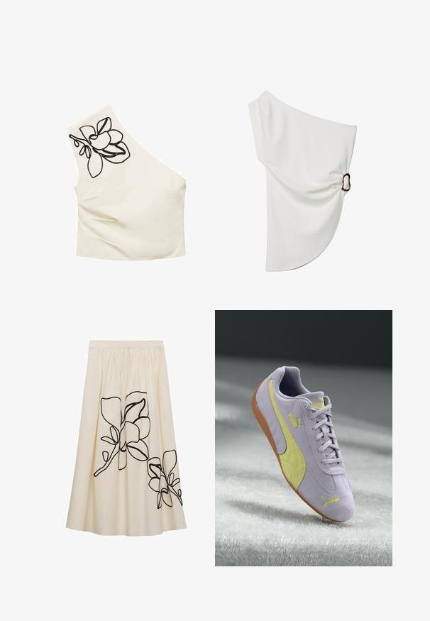 Haut créme asymétrique avec une seule bretelle. Orné de broderies florales noires sur l'épaule. Tissu lisse avec une coupe ajustée.; Blouse blanche décolletée en tissu lisse, présentant un détail froncé avec un accent en anneau métallique sur un côté.; Jupe crème avec des broderies florales noires, dotée d'une taille froncée et d'un design fluide, confectionnée dans un tissu léger.; Sneaker en daim violet clair avec des accents jaunes, panneau latéral texturé, design à lacets et semelle en caoutchouc. Logo Puma sur le côté.