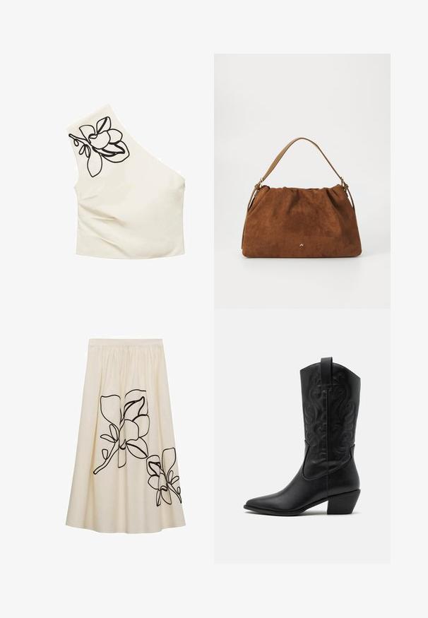Asymmetrical cream top with a single strap. Features black floral embroidery on the shoulder. Smooth fabric with a fitted design.; Cream-colored skirt with black floral embroidery, featuring a gathered waist and flowing design, made from a lightweight fabric.; Black leather cowboy boot with pointed toe, embossed swirling patterns, and a mid-height heel. Features a pull tab for easy wear.; Brown suede handbag with a gathered design, featuring a single tan leather strap and a subtle gold logo detail on the front.