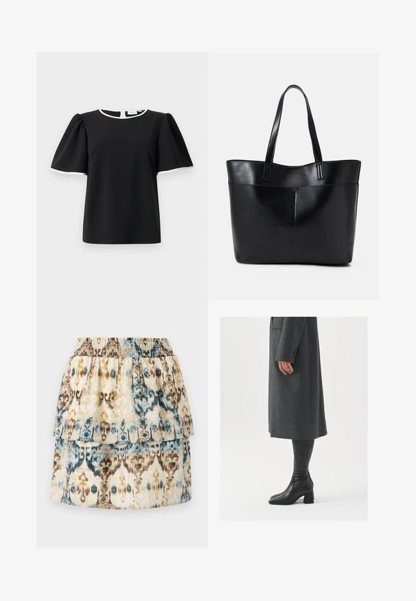 Fekete rövid ujjú blúz puffos ujjal, fehér díszítéssel a nyakkivágás és az ujjak szélén, hátul gombos záródással.; Bezsínű, réteges szoknya, kék és barna árnyalatú ikat mintával. Gumis dereka és fodros szegése extra textúrát kölcsönöz.; Szürke, szabott overál, egyenes vonallal; térd fölé érő fekete bőrcsizmákkal párosítva, négyzetes orral és vastag sarokkal.; Fekete bőr bevásárlótáska két hosszú fogantyúval, sima felülettel és strukturált formával. Elülső zseb található rajta a plusz tárolás érdekében.