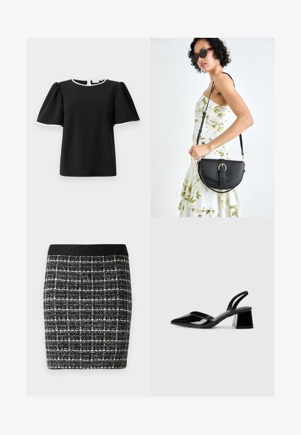 Bluză neagră cu mânecă scurtă, cu mâneci bufante și margine albă la guler și la marginea mânecilor, având închidere cu buton la spate.; Fustă în carouri alb-negru, cu un material texturat, având un elastic negru și o siluetă ajustată.; Pantofi cu toc slingback din piele lacuită neagră, cu vârf ascuțit și toc geometric. Prezintă un design elegant, minimalist și o textură netedă.; Geantă din piele neagră, cu o formă curbată, curea detașabilă și accesorii aurii. Geanta are un capac cu un detaliu tip cataramă.
