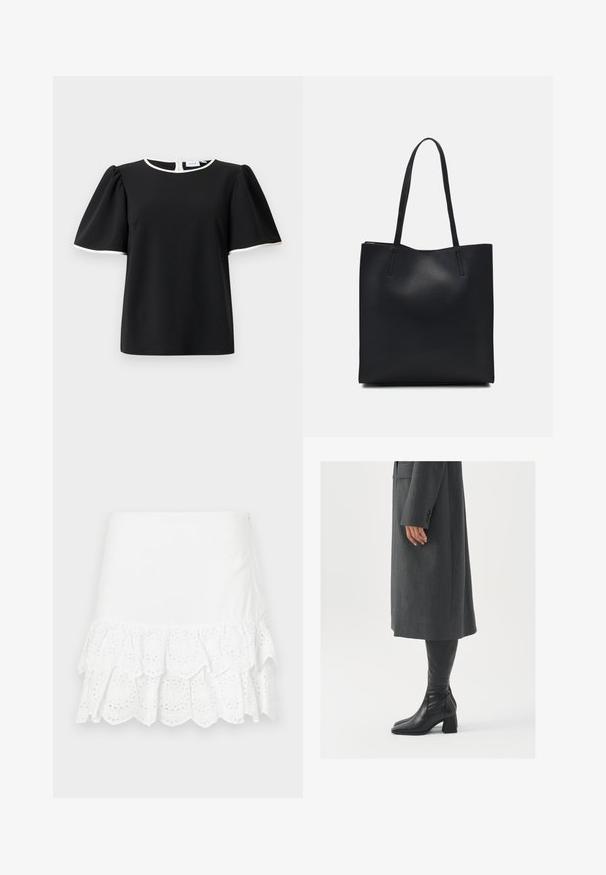 Juodas trumpas rankovės bluzonas su pūstomis rankovėmis ir baltu apvadu ant dekoleto bei rankovių kraštų, su užsegimu ant nugaros.; Balta medvilninė sijonas su sluoksniuota volanų dizainu ir akių siuvinėjimu apylyje. Glotni tekstūra, trumpesnis už kelią.; Pilkas pritaikytas paltas su tiesiu kirpimu; derinamas su juodais odiniais batais iki kelių, turinčiais kvadratinį pirštą ir storą kulną.; Juodas odinis tote krepšys su lygia tekstūra, stačiakampio formos ir dviem ilgais rankenomis. Matomų metalinių detalių ar puošybos nėra.