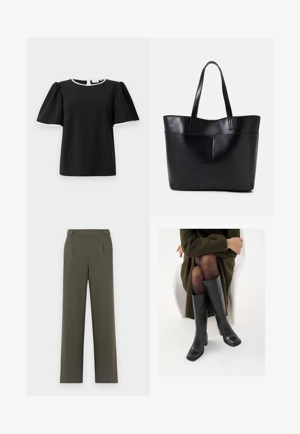 Musta lyhythihainen paita, jossa on puffihihat ja valkoinen reuna kauluksessa ja hihojen reunassa, varustettuna takanapituksella.; Vihreät oliivinväriset housut suoranlahkeisella muotoilulla, joissa on kaksi nappia vyötäröllä ja etupleittejä lisäyksinä.; Polvisuoja mustat nahastossud, millel on ruudukujuline varvas ja plokk-kints, on esitatud mudeli seljas, kes istub oliivrohelises mantlis. Sile tekstuur, minimaalne detailitus.; Musta nahkainen kassi, jossa on kaksi pitkää kahvaa, sileä pinta ja jämäkkä muoto. Sisältää etutaskun lisävarastointia varten.