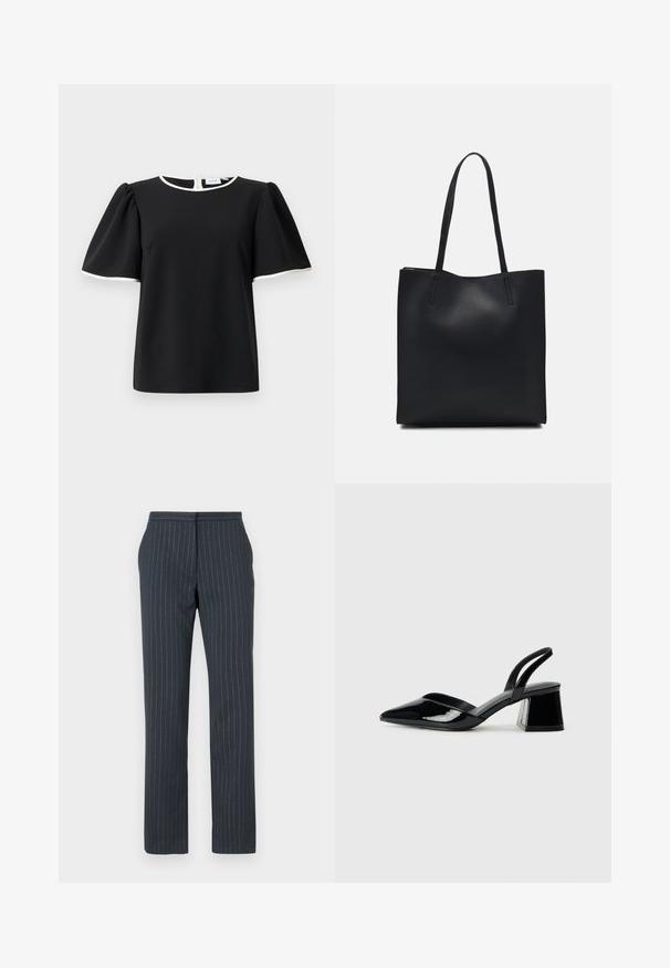 Blouse noire à manches courtes avec des manches bouffantes et un bord blanc au niveau de l'encolure et des bords de manches, dotée d'une fermeture à boutons à l'arrière.; Pantalon bleu foncé avec des rayures verticales, design ajusté, texture lisse, jambes droites et taille standard.; Escarpins en cuir verni noir avec bout pointu et talon bloc géométrique. Présente un design élégant et minimaliste ainsi qu'une texture lisse.; Sac fourre-tout en cuir noir avec une texture lisse, de forme rectangulaire et deux longues poignées. Pas de matériel ou d'ornementations visibles.