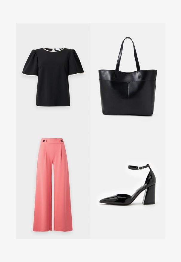 Black short-sleeve blouse with puffed sleeves and white trim on neckline and sleeve edges, featuring a back button closure.; Wide-leg pants in a coral color, featuring a high waistband with two black buttons, made from smooth fabric with a structured design.; Black patent leather high heel shoe with a pointed toe, ankle strap, and wide block heel for stability, featuring a smooth glossy texture.; Black leather tote bag with two long handles, a smooth texture, and a structured shape. Features a front pocket for additional storage.