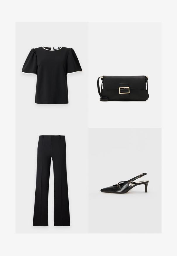 Černá blůza s krátkým rukávem a nabíranými rukávy, s bílým lemem na výstřihu a okrajích rukávů, s knoflíkovým zapínáním na zádech.; Černé zvonové kalhoty s hladkým povrchem, s upraveným pasem, poutky na opasek a čistým designem, který se rozšiřuje do širokého lemu.; Černá kožená slingback bota s špičatou špičkou, tenkými popruhy a kovovými přezkami, na 6 cm zúženém podpatku. Hladký povrch.; Černá kožená psaníčko s klopou a zlatým kovovým detailním sponou. Součástí je černý popruh a elegantní, minimalistický design.