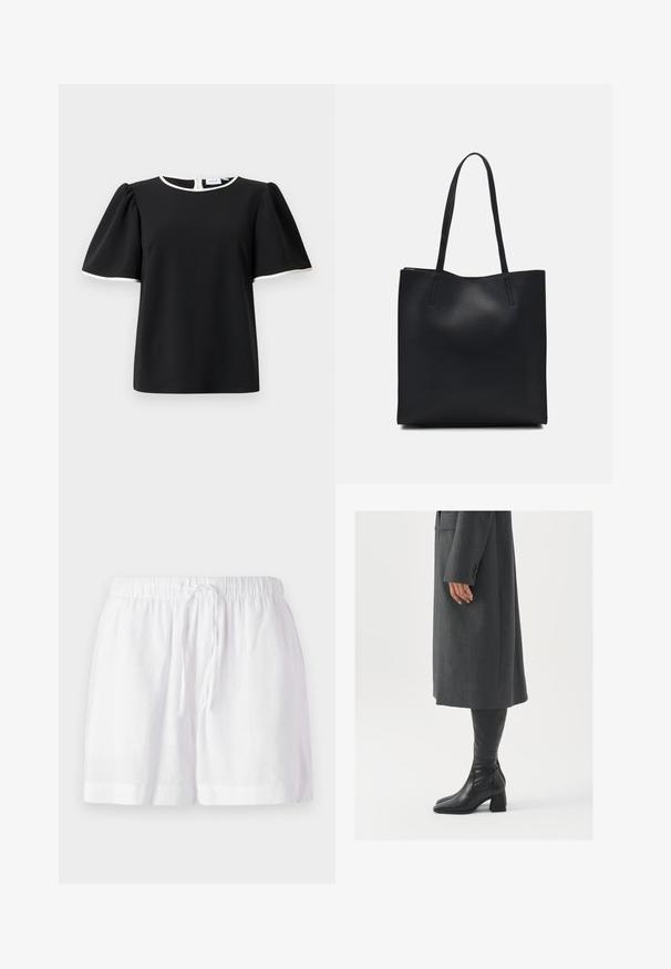 Bluză neagră cu mânecă scurtă, cu mâneci bufante și margine albă la guler și la marginea mânecilor, având închidere cu buton la spate.; Shorts din in alb cu talie elastică și șnur ajustabil. Prezintă o croială lejeră și o tivire răsucită pentru confort.; Palton gri, croit cu un croi drept; asortat cu cizme din piele neagră, până la genunchi, cu vârf pătrat și toc chunky.; Geantă tote neagră din piele, cu textură netedă, formă rectangulară și două mânere lungi. Fără hardware vizibil sau ornamente.