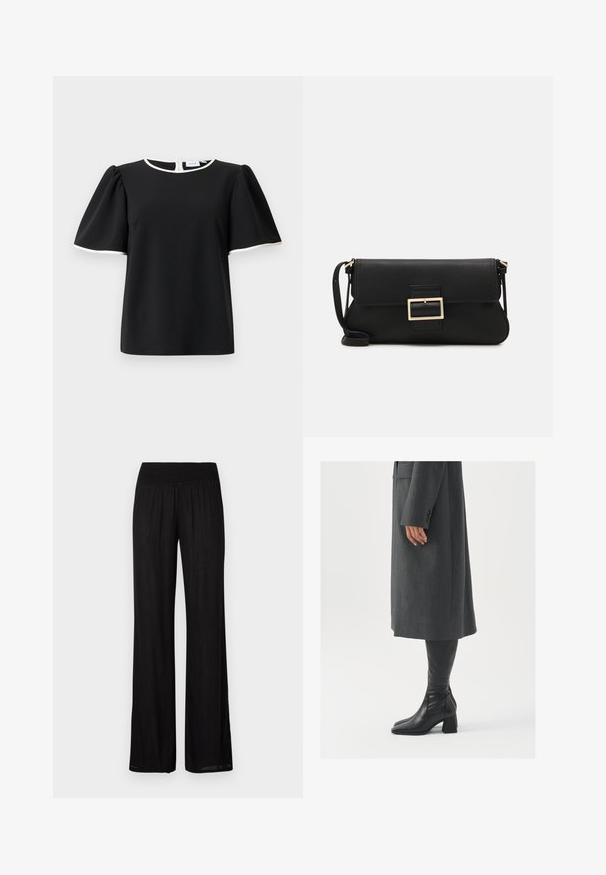 Črna bluzica s kratkimi rokavi in puffastimi rokavi, z belim obrobo na izrezu in robovih rokavov, ki ima na hrbtni strani gumbasto zapiranje.; Črne široke hlače s gubanim pasom, narejene iz lahkotnega blaga, ki ima subtilno teksturo in ravno, tekočo kroj.; Siv prešita zimska plašča ravnega kroja; obuta z visokimi črnimi usnjenimi škornji, ki imajo kvadratni nos in debel pet.; Črna usnjena torbica na preklop z zlato kovinsko zaponko. Vključuje črn trak in eleganten, minimalističen dizajn.