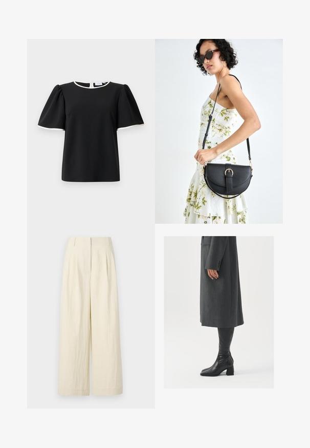Blouse noire à manches courtes avec des manches bouffantes et un bord blanc au niveau de l'encolure et des bords de manches, dotée d'une fermeture à boutons à l'arrière.; Pantalons à jambes larges couleur crème en tissu texturé. Présentent des plis sur le devant et une taille haute, offrant un ajustement ample tout au long.; Manteau gris taillé à coupe droite ; associé à des bottes en cuir noir jusqu'au genou avec un bout carré et un talon épais.; Sac à main en cuir noir avec une forme courbée, bandoulière amovible et des accessoires en or. Le sac est doté d'un rabat avec un détail de boucle.