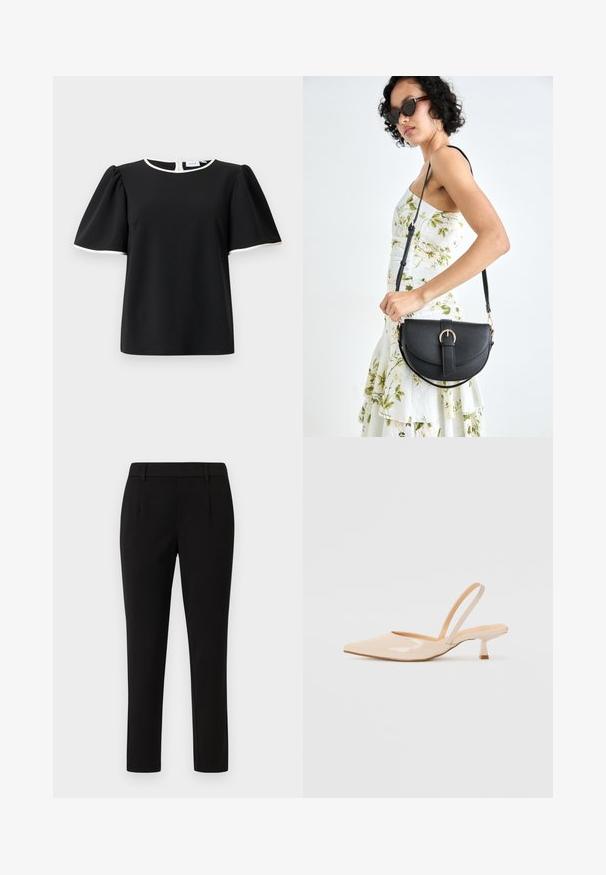 Blouse noire à manches courtes avec des manches bouffantes et un bord blanc au niveau de l'encolure et des bords de manches, dotée d'une fermeture à boutons à l'arrière.; Pantalon noir ajusté avec une coupe droite, fabriqué dans un tissu lisse. Caractéristiques: devant plat, passants de ceinture, et sans poches.; Escarpins slingback en cuir verni beige avec un bout pointu et un talon carré fin. Texture lisse et design minimaliste sans ornement.; Sac à main en cuir noir avec une forme courbée, bandoulière amovible et des accessoires en or. Le sac est doté d'un rabat avec un détail de boucle.