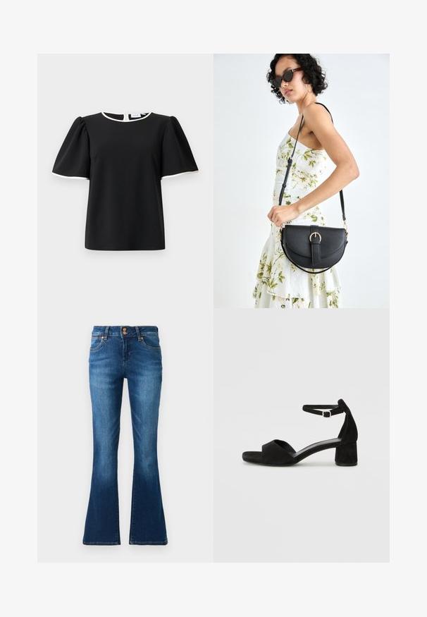 Black short-sleeve blouse with puffed sleeves and white trim on neckline and sleeve edges, featuring a back button closure.; High-waisted blue denim jeans with a slight flare at the ankles, featuring two front pockets and copper button closures.; Black suede heeled sandals with a thin ankle strap, open toe design, and a modest block heel. Smooth texture and minimal accents.; Black leather handbag with a curved shape, detachable strap, and gold hardware. The bag features a flap with a buckle detail.